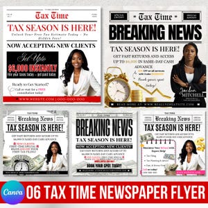 Può includere: Una raccolta di volantini sulla stagione fiscale con il testo "Tax Season is Here!" e "Breaking News". I volantini presentano immagini di una donna in giacca, una sveglia e denaro. I volantini pubblicizzano servizi fiscali.