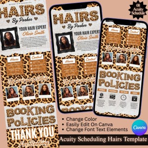May include: Acuity scheduling template for a hair salon, featuring a leopard print design. The template includes information about hours, contact details, booking policies, and a "Thank You" message. The template is easily editable on Canva.