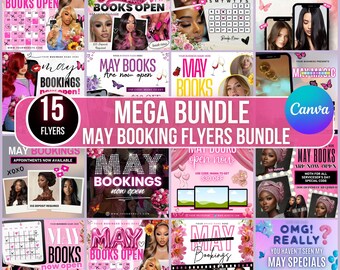 May include: A collection of 15 pink and white May booking flyers. The flyers feature images of women, floral accents, and text that reads "May Books Open" and "May Bookings." The bundle is labeled "Mega Bundle May Booking Flyers Bundle."