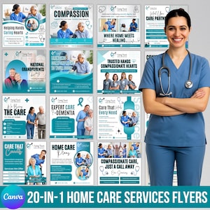 Peut inclure: Ensemble de 20 flyers de services de soins à domicile, aux tons turquoise et blancs. Ils présentent des images de personnes âgées avec des soignants et des textes tels que « Compassion » et « Soins experts ». Une professionnelle de la santé souriante est à droite.
