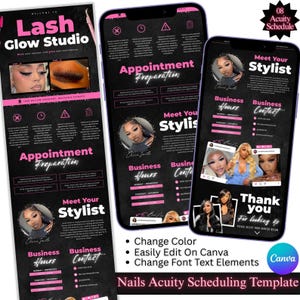 May include: A digital Acuity scheduling template for a lash studio featuring a black background with bright pink text. The design includes sections for appointment preparation, business hours, contact information, and a stylist profile section.