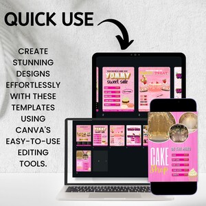 Op de afbeelding: Een laptop, tablet en smartphone tonen sjablonen voor een gebakswinkel. De schermen tonen roze en gouden ontwerpen met de tekst "Yummy Sweet Sale" en "Cake Shop". De afbeelding bevat ook de tekst "Quick Use".