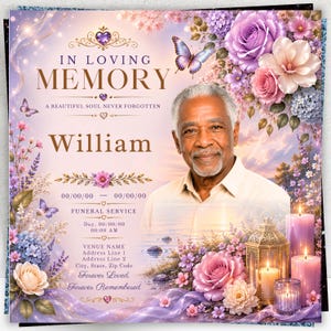 Puede incluir: Una plantilla de programa funerario conmemorativo que presenta el retrato de un hombre mayor, arreglos florales en tonos morados y rosas, una mariposa y una linterna dorada con velas. El texto incluye In Loving Memory, William y detalles.