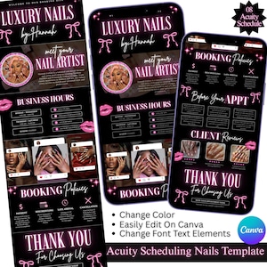 May include: A digital template for nail salon scheduling, featuring a black background with pink accents. The design includes the text "Luxury Nails by Hannah," business hours, booking policies, and client reviews. The template is designed for use with Canva.