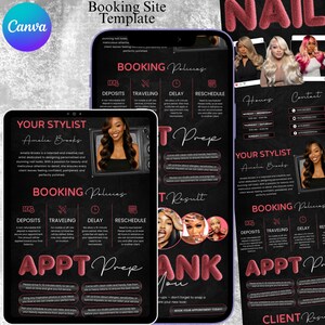 May include: A digital booking site template with a dark background and pink and white text. The template includes sections for booking policies, appointment prep, and client results. The Canva logo is in the upper left corner.