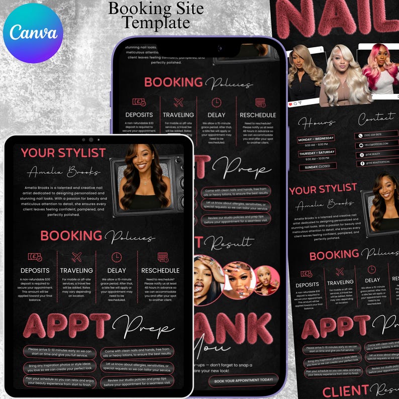 May include: A digital booking site template with a dark background and pink and white text. The template includes sections for booking policies, appointment prep, and client results. The Canva logo is in the upper left corner.