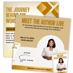 May include: Promotional materials for a live event, featuring the text "Meet the Author Live" and "Unlock Your Potential." The design includes a photo of the author, Sara Mirza, and details for March 15, 2025, at 10:00 AM EST. The color scheme is gold and beige.