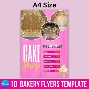Op de afbeelding: Roze A4-formaat bakkerij flyer sjabloon met de tekst "CAKE Shop" in wit en geel. De flyer bevat een menu met cake, cupcakes, mini cakes, cake bites en donuts. Decoratieve afbeeldingen van cakes en bloemstukken zijn ook inbegrepen.