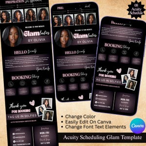 May include: Acuity Scheduling Glam Template displayed on three smartphones. The template features a black and pink design with the Glamladies logo, booking information, and the text "Hello Beauty". The template is easily editable in Canva.