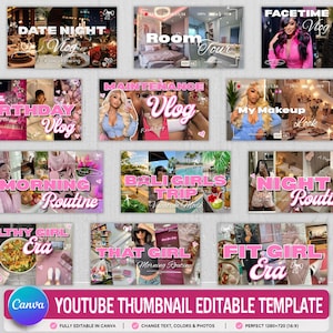 Può includere: Una raccolta di modelli di miniature YouTube con vari temi lifestyle e sovrapposizioni di testo rosa. La griglia mostra immagini di trucco, viaggi e routine quotidiane, con un banner in basso per modelli Canva modificabili.
