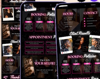 Könnte beinhalten: Eine Werbegrafik für Luxe Extensions mit schwarzem Hintergrund und rosa und weißem Text. Die Grafik enthält Bilder von Frisuren, Buchungsrichtlinien und Kontaktinformationen. Der Text enthält "Extensions", "Scheduling" und "Tag us in your selfie!"