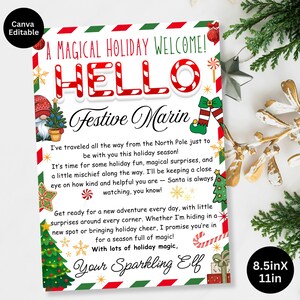 Może przedstawiać: Świąteczna kartka świąteczna z czerwono-zieloną obwódką. Karta zawiera słowa "HELLO Festive Marin" w fantazyjnej czcionce, wraz z grafiką i tekstem świątecznym. Karta ma wymiary 21,6 x 27,9 cm.