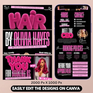 Puede incluir: Una plantilla de marketing digital para peluquer&iacute;a con fondo negro y texto rosa brillante. El dise&ntilde;o incluye secciones para pol&iacute;ticas de reserva, contacto, horarios y un mensaje de agradecimiento, editable en Canva a 2000 px por 1000 px.