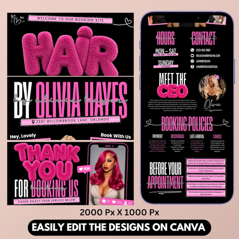 Puede incluir: Una plantilla de marketing digital para peluquer&iacute;a con fondo negro y texto rosa brillante. El dise&ntilde;o incluye secciones para pol&iacute;ticas de reserva, contacto, horarios y un mensaje de agradecimiento, editable en Canva a 2000 px por 1000 px.