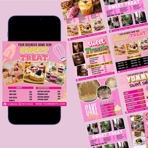 May include: A pink digital flyer advertising a bakery, with the words "Sweet Treat" and images of cakes and pastries. The flyer includes a menu with prices and social media details.
