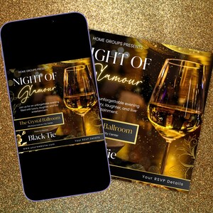 Pu&ograve; includere: Un volantino e uno schermo di smartphone che pubblicizzano un evento "Night of Glamour". Il design dorato presenta un calice di vino e i dettagli dell'evento, incluso il codice di abbigliamento "Black Tie".