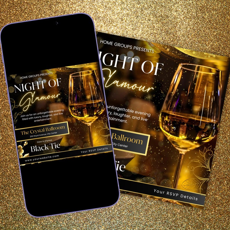 Pu&ograve; includere: Un volantino e uno schermo di smartphone che pubblicizzano un evento "Night of Glamour". Il design dorato presenta un calice di vino e i dettagli dell'evento, incluso il codice di abbigliamento "Black Tie".