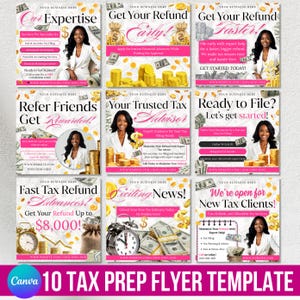 May include: A collection of ten tax preparation flyer templates with a pink and gold color scheme. Each flyer features a photo of a smiling woman in a white blazer, along with text promoting tax services. The flyers include phrases like "Get Your Refund" and "Expertise."