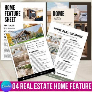 Może przedstawiać: Karta cech domu z nieruchomościami z tekstem "HOME FEATURE SHEET" oraz zdjęciami wnętrz i zewnętrz domu. Karta zawiera cechy takie jak 4 sypialnie, 3 pełne łazienki oraz cechy nieruchomości, takie jak basen i plac zabaw.