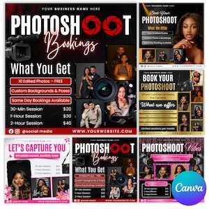 May include: A promotional graphic for a photography business, featuring the text "PHOTOSHOOT Bookings" in a stylized font. The design includes images of cameras, models, and pricing for various session lengths, such as 30-minute, 1-hour, and 2-hour sessions.