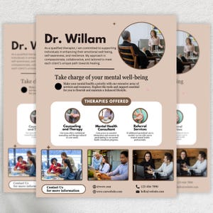 Puede incluir: Un folleto promocional para la Dra. Willam, terapeuta, con fondo beige y texto marrón oscuro. El folleto promueve el bienestar mental, ofreciendo asesoramiento, consulta de salud mental y servicios de referencia. Se incluye información de contacto.