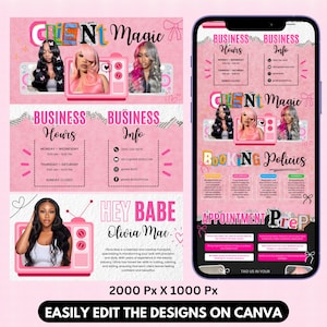 May include: Pink and white graphic design for a hair salon, featuring the text "Client Magic" and images of women with styled hair. Includes business hours, contact info, booking policies, and appointment prep details. The design is easily editable on Canva.