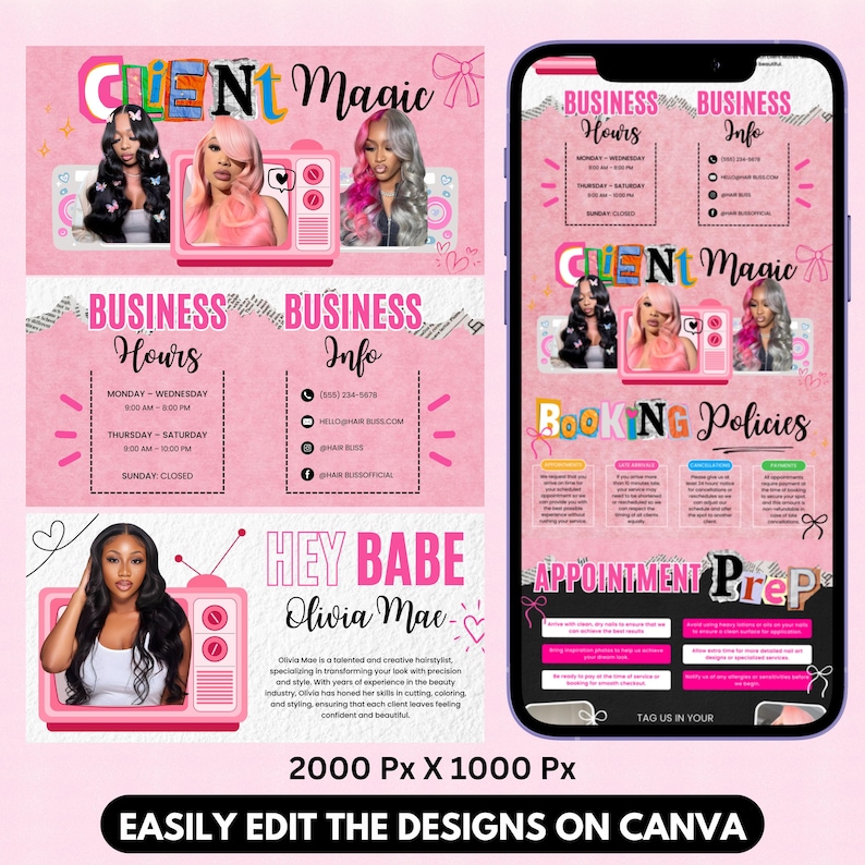 May include: Pink and white graphic design for a hair salon, featuring the text "Client Magic" and images of women with styled hair. Includes business hours, contact info, booking policies, and appointment prep details. The design is easily editable on Canva.