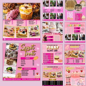 May include: A selection of pink dessert shop adverts. The adverts display various baked goods, including cupcakes, cakes, cookies, and donuts. Each advert features the business name, menu items, and contact information.