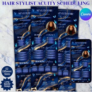 May include: A promotional design for a hair stylist, featuring a dark blue background with gold accents and butterfly illustrations. The design includes the text "STYLED HAIR by Sophia" and information about booking and services.