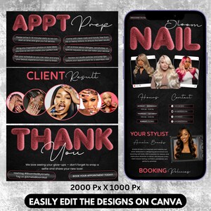 May include: A black digital advertisement for a nail salon, featuring pink fluffy text that reads "NAIL" and "APPT Prep". The ad includes images of nail designs and client results, along with contact information and booking policies.