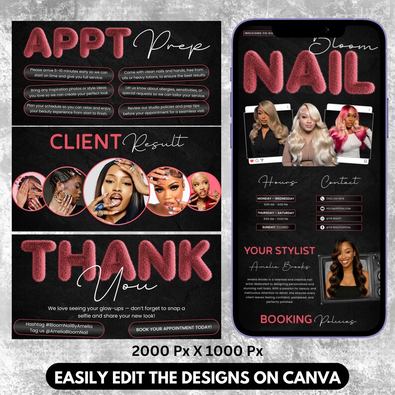 May include: A black digital advertisement for a nail salon, featuring pink fluffy text that reads "NAIL" and "APPT Prep". The ad includes images of nail designs and client results, along with contact information and booking policies.