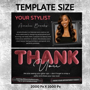 May include: A promotional graphic for a nail artist, featuring the text "TEMPLATE SIZE" and "YOUR STYLIST Amelia Brooks." The image includes a photo of the stylist and the words "THANK YOU" in a fluffy, pink font. The graphic is 2000 px by 1000 px.