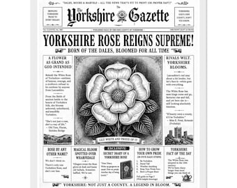 Póster vintage de la Rosa de Yorkshire / Arte mural de Yorkshire en blanco y negro / Lámina de regalo divertida de Yorkshire