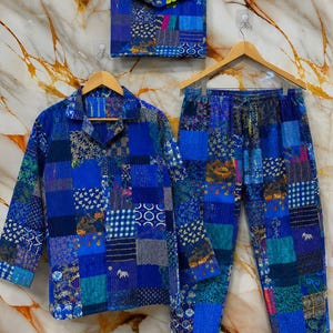 Indian Kantha Stitch Silk Night Suit Set for Women | Handmade Patchwork Silk Sleepwear | Full Sleeve Shirt & Pyjama with Matching Pouch