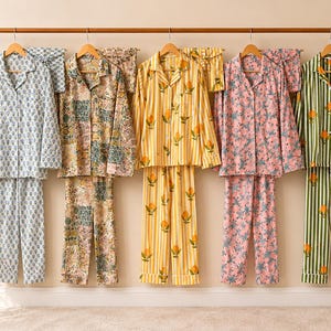 Baumwollblumen Pyjama Set für Frauen | Handblockdruck | Weiche Lounge Nachtwäsche mit Beutel