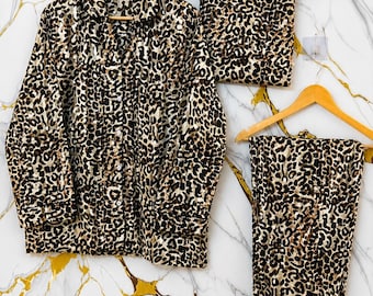 Leopardenmuster Co-Ord Set, Tier & Hosen Set, Passendes Lounge Set, trendiges zweiteiliges Outfit für Damen, lässige, schicke Streetwear