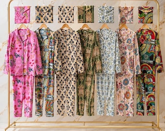 Conjunto de pijama de algodão com estampa artesanal em bloco: pijama indiano floral com bolsa.