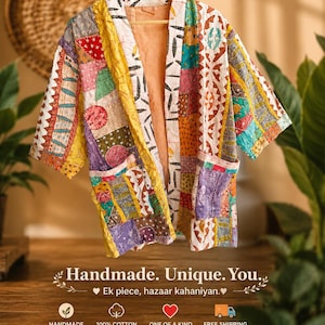 May include: A patchwork kimono jacket featuring a vibrant array of multicolored fabric squares with diverse patterns, including geometric shapes and floral motifs, finished with a solid peach-colored interior lining and two front pockets.
