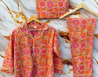 Pijama de algodón floral para mujer, estampado a mano, suave y cómodo, con bolsa