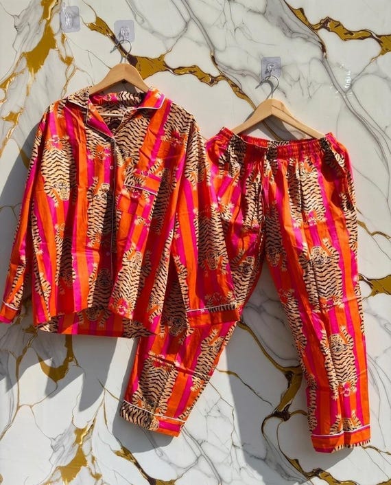 Tiger Print PJ Set: Indian Cotton Nightwear, Orange Pink Striped PJs Bridesmaid Pajamas