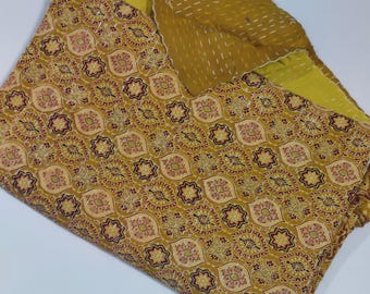 Hand Stitched Cotton Queen Kantha Quilt - Ajrak Print Bohemian Bedding