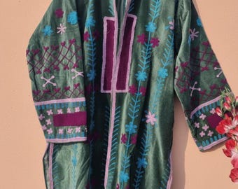 Suzani Samt Lange Jacke | Handgemachte Blumen bestickt Boho Wintermantel