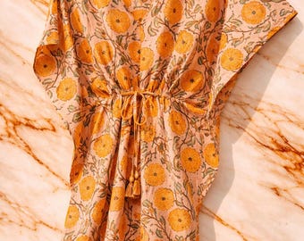 Robe caftan indienne fleurie en coton : imprimée à la main, taille libre