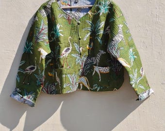 Floral Quilted Kantha Jacket, Reversible Cotton Bohemian Coat