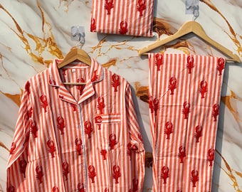 Hummer Block Print Baumwolle Pyjama Set | Indischer Musselin Loungewear