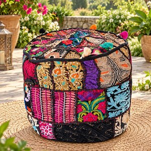 Hand Embroidered Patchwork Pouf Ottoman, Boho Floor Seating, Handmade Indian Footstool, Vintage Round Floor Cushion, Colorful Bohemian Seat
