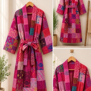 Handmade Kantha Patchwork Kimono Jacket, Boho Quilted Cotton Robe, Oversized Festival Cardigan, Unisex Hippie Beachwear