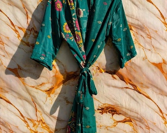 Floral Silk Kimono Robe, Lightweight Japanese Style Lounge Wear