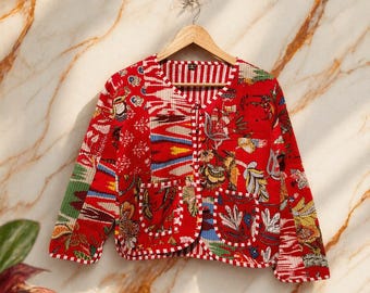 Handmade Patchwork Cotton Quilted Jacket, Reversible Boho Coat