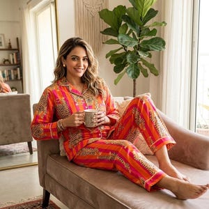 K&ouml;nnte beinhalten: Ein orange-pinkfarbener Pyjama-Set mit Tigerstreifenmuster. Das lang&auml;rmlige Oberteil und die Hose werden von einer Person getragen, die auf einem braunen Sofa sitzt und eine Tasse h&auml;lt. Der Pyjama hat wei&szlig;e Paspeln.